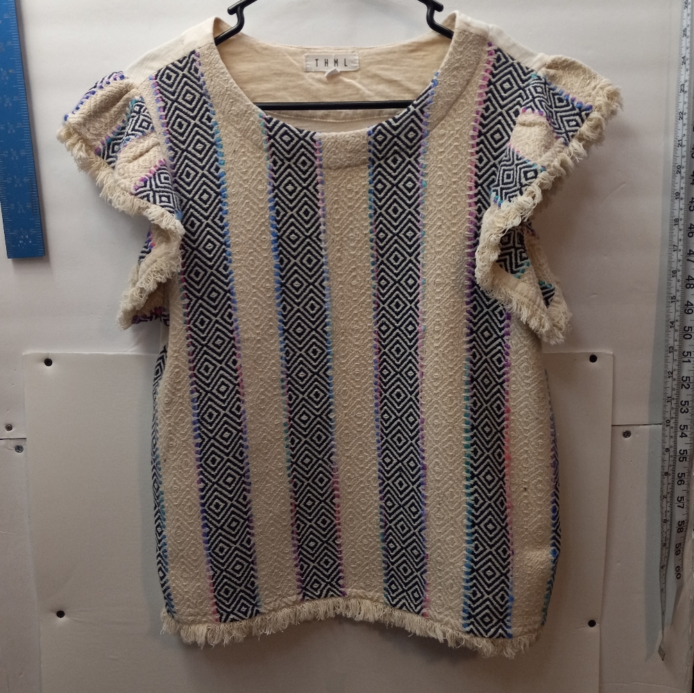 THML Fringe Waffle Knit Boho Cottagecore Geometric Pattern Blouse Batwing Hippy